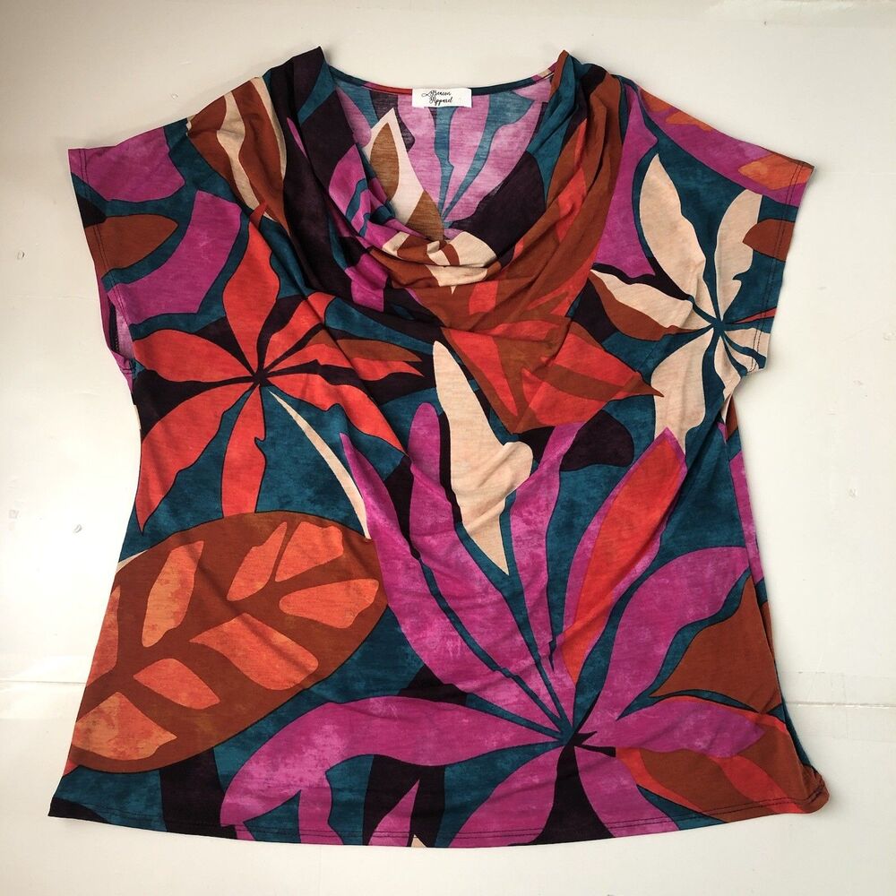 Beacon Apparel Cowl Neck Blouse Tropical Botanical Palm Print Short Sleeve XL